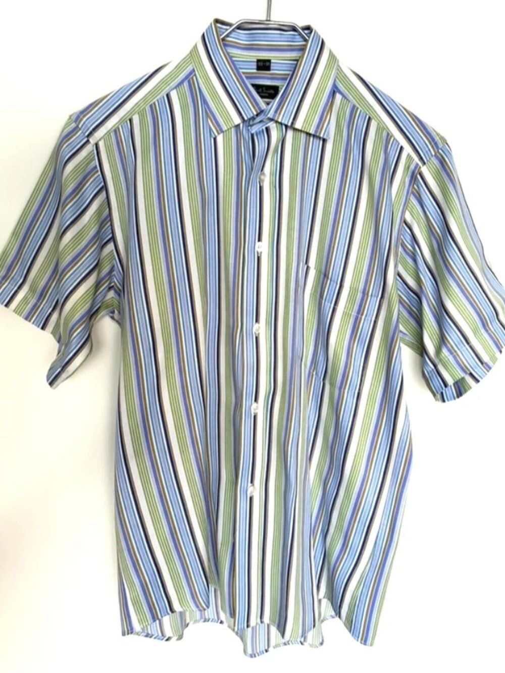 PAUL SMITH men's short sleeve shirt blue green white striped size 15 1/2 (M)